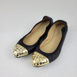 VALENTINO GARAVANI Black and Gold Studded Cap-Toe Ballet Flats Leather S…